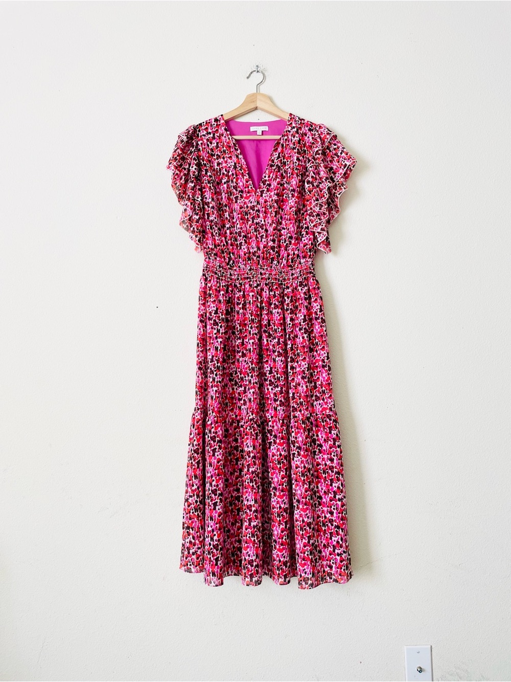 Anna Cate SMALL pink spotted print short flutter sleeve tiered midi dress